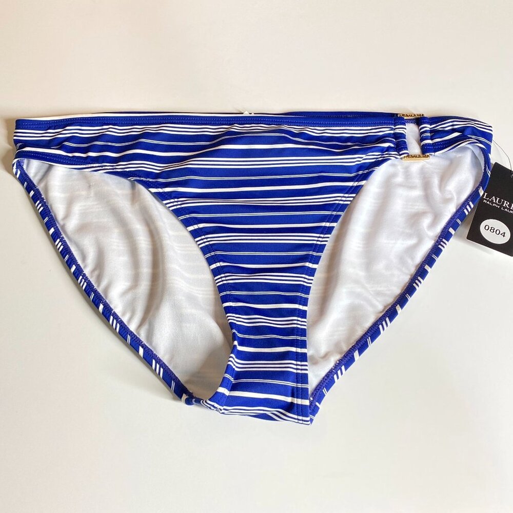 Lauren Ralph Lauren Women's Striped Blue and White Bikini Bottom, Size 14 - Picture 2 of 9